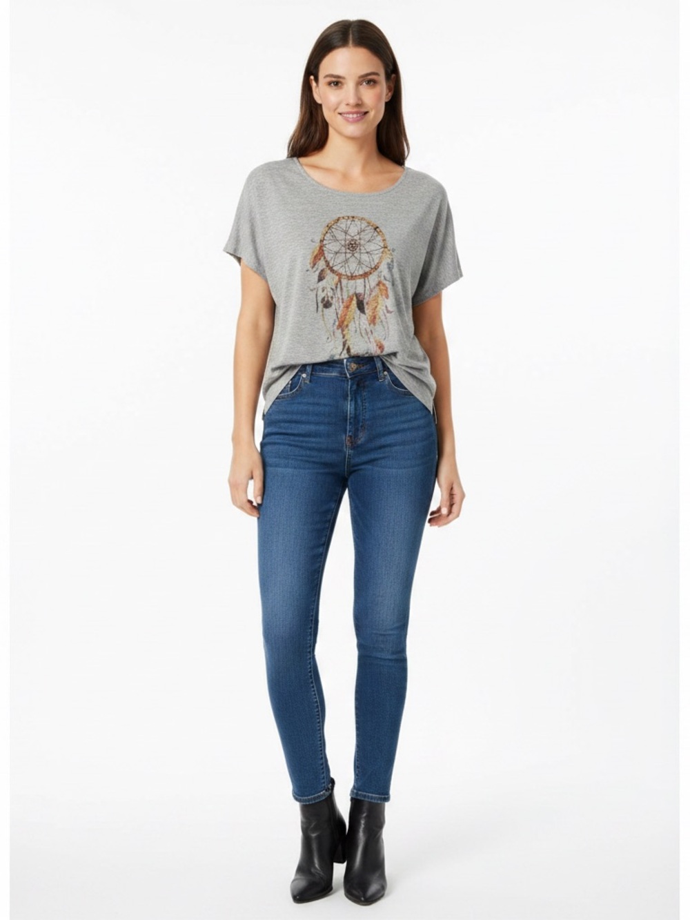 Laura Heather Gray Short-Sleeve Top with Colorful Dreamcatcher Size XL